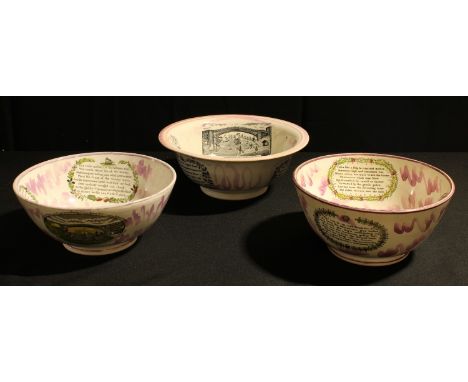 A mid 19th century Sunderland lustre bowl, with print of the Cast Iron Bridge, verse and agricultural implements, 24.5cm diam