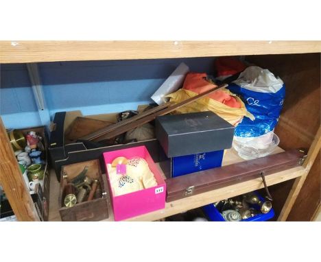 Shelf of assorted, snooker cue, clothes and life jacket etc.