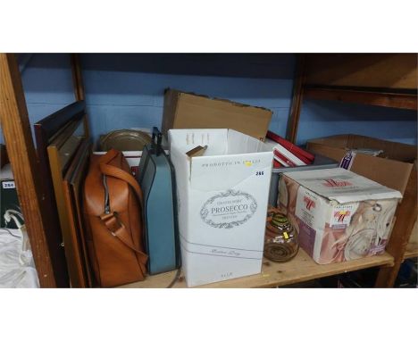 Shelf of assorted, dinner service, typewriter and cutlery etc.