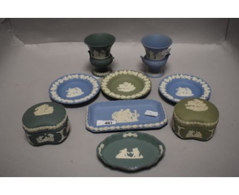 A selection of Wedgwood Jasperware in various colours including Jade Green, Sage Green and sky blue