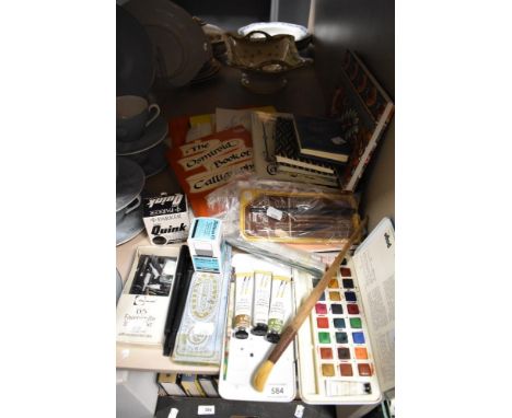 A selection of vintage artist supplies including ink pens, Ink bottles and a Page watercolour set