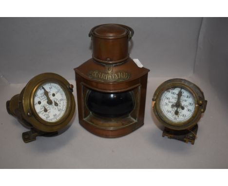 A nautical copper cased Starboard ships light with two Ships log dials including Walkers Cherub IIIships log and Walkers Chue