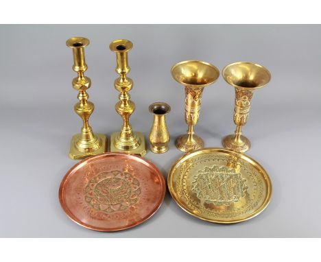 A Collection of Brass. This lot includes a pair of Indian brass and enamel trumpet vases approx 22 cms, a pair of brass candl