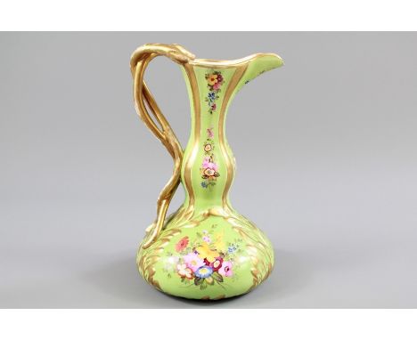 Chamberlain and Co Worcester Green Glazed Vase - 155 New Bond Street., painted with floral spray, twisted handle, approx 21 c