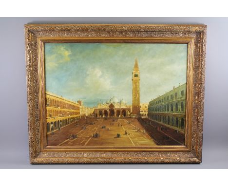 R. Hussent Oil on Canvas. The painting depicting St Marks Square, Venice, signed lower right, approx 59 w x 80 h cms.