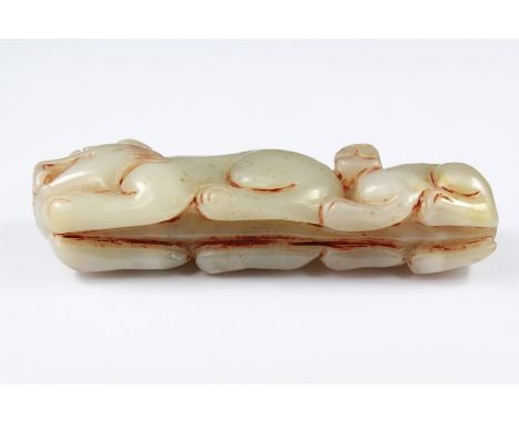 Chinese Carved White Jade Carving. The carving depicting a Dog of Fo and Pup, approx 11 cms l x 3 cms w.
