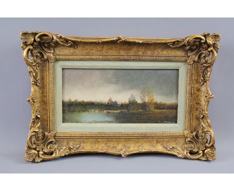 K. Shirling - Oil on Canvas entitled 'Figures on a riverbank', approx 29 w x 15 h, framed.&nbsp;