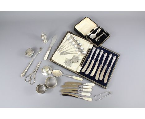 Miscellaneous Silver and Silver Plate. This lot includes a set of boxed silver butter knives, six silver teaspoons monogramme