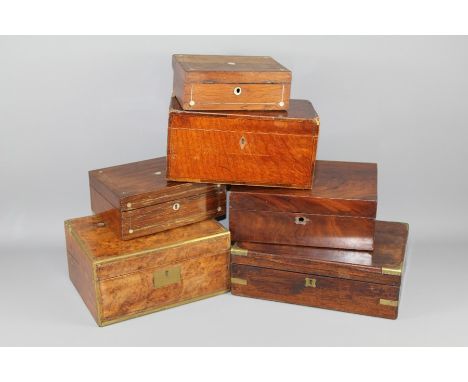 A Collection of Six Wooden Boxes. Nrd 1/6 sewing box with mother-of-pearl decoration, approx 25 x 17 x 10 cms, 2/6 writing sl