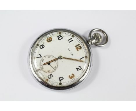 A WWII Cyma Stainless Steel Military Pocket Watch. The watch having white enamel face, numeric dial and minute hand, numbered