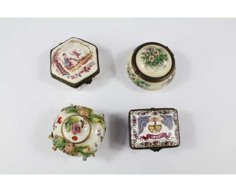 An 18th Century French Enamel Pill/Patch Box. The hexagonal box painted with a girl and Cupid in a garden setting, marked Lil