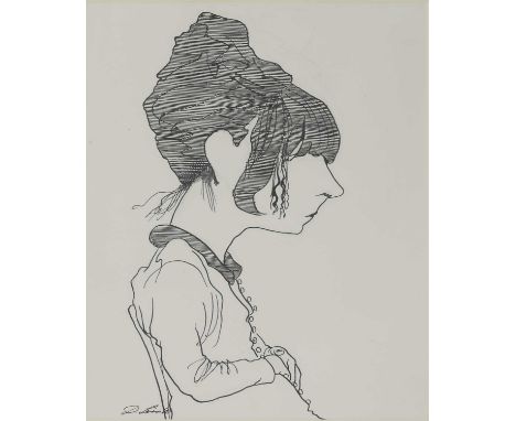 David Levine (American, 1926-2009) PORTRAIT OF KATHERINE MANSFIELD Signed and dated '80 l.l., pen and ink 34 x 26.5cm Provena