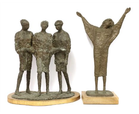 Joanne Brogden (1929 -2013) Morning bronze resin on a wooden plinth overall height 59.5cm &amp; Three Graces bronze resin on 