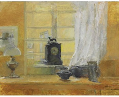 Fred Dubery (1926-2011) THE WHITE CURTAIN Signed, oil on canvas 51 x 61cm; and four others, PANSIES Oil on board 30.5 44.5cm;