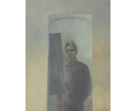 *David Tindle RA (b.1932) SELF PORTRAIT AT THE EASEL; verso, VIEW THROUGH A WINDOW Signed, mixed media 81 x 61cm *Artist's Re