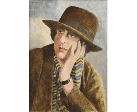 *Tom Espley (1931-2016) PORTRAIT OF VITA SACKVILLE-WEST, HALF LENGTH, IN A BROWN HAT Signed l.r., oil on canvas 61 x 43.5cm V