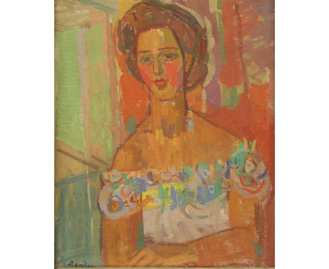 *Zygmunt Landau (Polish, 1898-1962) PORTRAIT OF A LADY, HALF LENGTH, IN A FLORAL DRESS Signed l.l., also signed verso, oil on