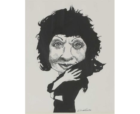 David Levine (American, 1926-2009) PORTRAIT STUDY OF MURIEL SPARK WITH A BLACK CAT Signed and dated '90 l.r., pen and ink 35.