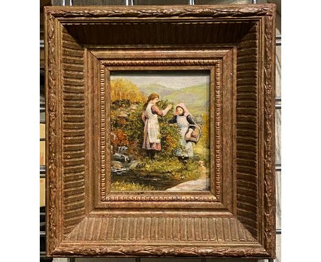 OIL ON CERAMIC ''BERRY PICKERS'' - PAINTING FRAMED 29CMS (H) X 26CMS (W) APPROX