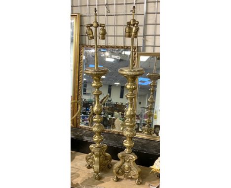 PAIR BRASS CHURCH CANDLESTICK LAMPS 100CMS (H) APPROX