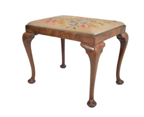 Mahogany stool with floral spray tapestry upholstered seat, on cabriole supports, 54cm x 38cm (seat) x 45cm high