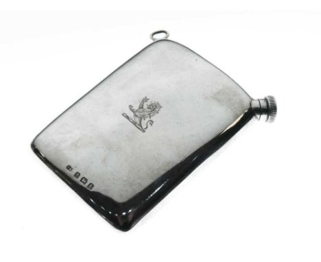 George V silver hip flask 1929, shaped for the hip, with neck and lug handle to the two top corners, Birmingham 1929, 8.5cm x