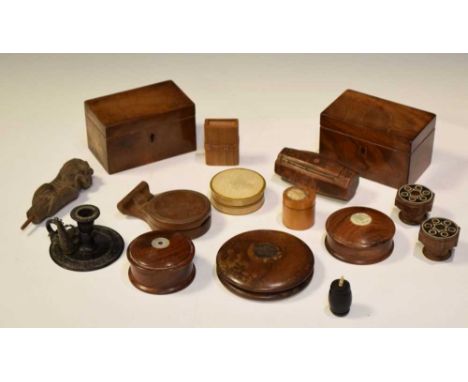 Quantity of mostly 19th Century treen, etc., to include rectangular apprentice piece tea caddies, compass holder, cylindrical