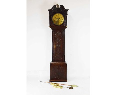 Early 19th century oak cased 8-day brass dial longcase clock, Hill, Sheffield, with circular Roman dial, later carved oak cas