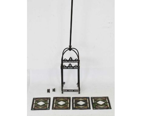 Early 20th Century light shade with four stained glass panels each 26.5cm x 19.3cm