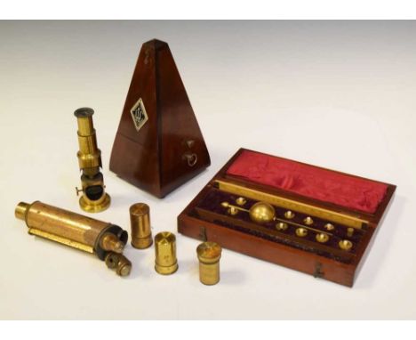 Early 20th Century mahogany cased Maelzel metronome, Sike's Hydrometer in mahogany case, quantity of microscope components, e