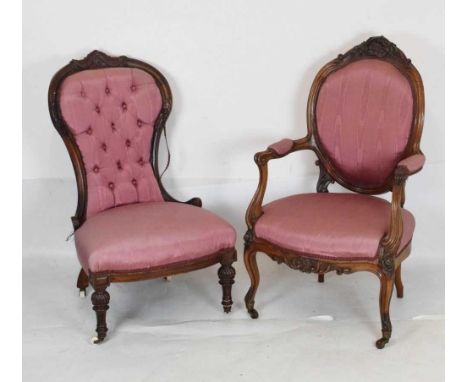 Victorian button-back chair, upholstered in pink fabric, 56cm (seats widest point) x 95cm high, together with a similar chair