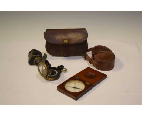 Early 20th Century compass by F. Barker within Shaw Motor Access Co fitted leather case, German monocular, mahogany cased com