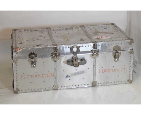 Metal trunk/ travelling equipment case with J.&amp;S. Franklin Ltd labels, 106cm x 54.5cm x 43cm high 