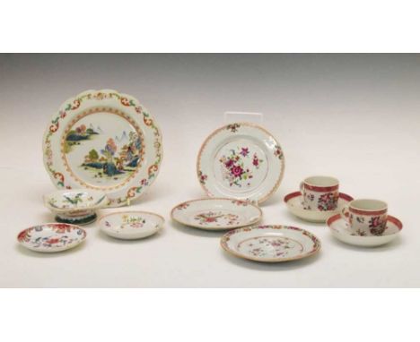 Small quantity of 18th Century and later Chinese export Famille Rose porcelain, to include a plate gilded and painted with a 