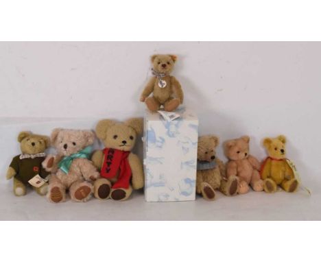 Quantity of teddy bears to include; Small Steiff classic teddy bear, boxed, Merrythought Fortnum and Mason, 30cm high, Big So