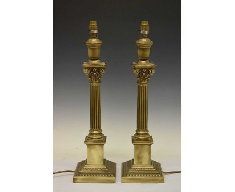 Pair of Chelsom Corinthian style column table lamps (no shades), 42cm high (ex.fitting)Both lamp columns have minor productio