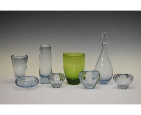 Collection of Danish Holmegaard glass by Per Lutken, to include a beak vase, graduated set of three 'Heart' vases, etc., 25cm