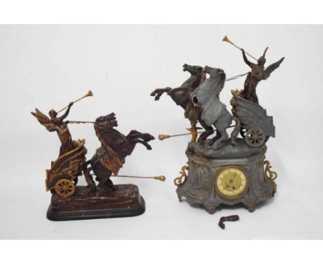 French spelter chariot figural clock, having a gilt Arabic chapter ring dial, 39cm x 60cm high, together with a spelter chari