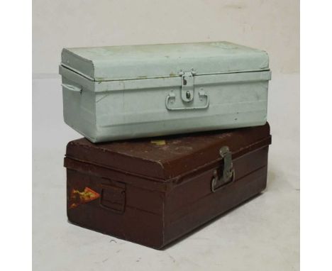 Two vintage painted tin trunks - the brown trunk 72cm wide x 43cm deep, the blue one 66cm wide x 38cm deep