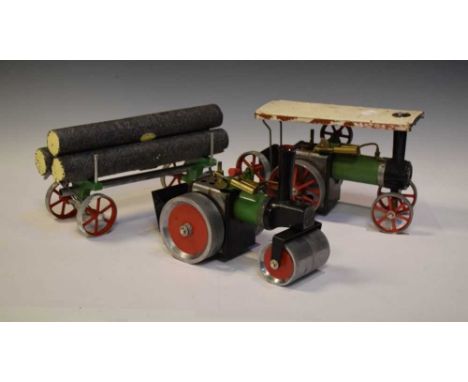 Mamod - Steam Roller, together with a TE1 Live Steam Tractor and log trailer with three logs 