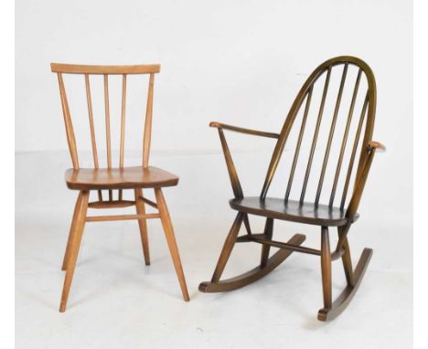 Ercol model 428 'Quaker' rocking chair, 42cm (seats widest point) x 84cm high, together with an Ercol stickback chair, 38cm (
