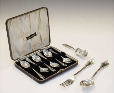 Cased set of George VI silver teaspoons, Sheffield 1938, Victorian spoon and fork, London 1884, and a Continental caddy spoon