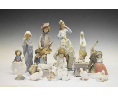 Nao - Quantity of boxed porcelain figures to include; 'My First Day', 'Girl picking up her skirts', 'Optimistic Duck', 'My Li