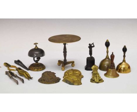 Assorted metalwork, to include novelty nutcrackers modelled as lady's legs, two Aesthetic style bells in the manner of Christ