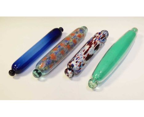 Four assorted 19th Century glass rolling pins, comprising a mottled (red and blue on clear) example, another with 'sponged' d