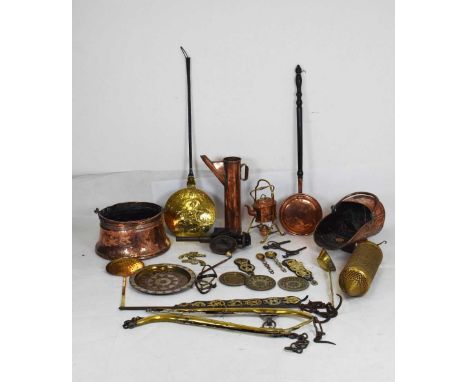 Quantity of copper and brass to include; copper log bin (37cm diameter), coach lamp (43cm high), warming pan, Middle Eastern 