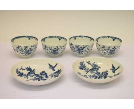 Four 18th Century Worcester tea bowls, painted in the 'Peony' pattern, and two printed 'Birds in Branches' pattern saucers, a