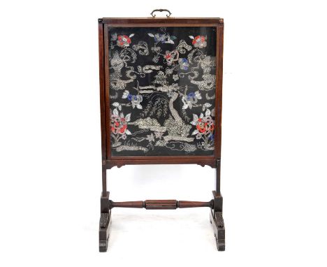 Early to mid 19th Century telescopic fire screen having Oriental-style beadwork decoration, 55cm x 102cm high