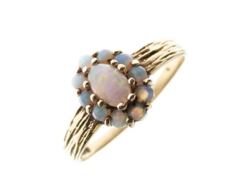 9ct gold opal cluster ring, size R½, 2g gross approx