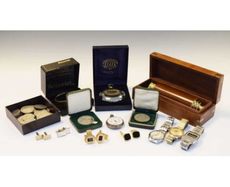 Assorted gentleman's collectables including; Accurist, Grants and Davey 'Voyager Clock', Pulsar, etc. cufflinks, coins, pocke